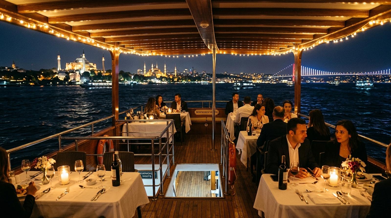 Dinner cruise deck on the Bosphorus at night with set tables, warm lights and the Istanbul skyline behind