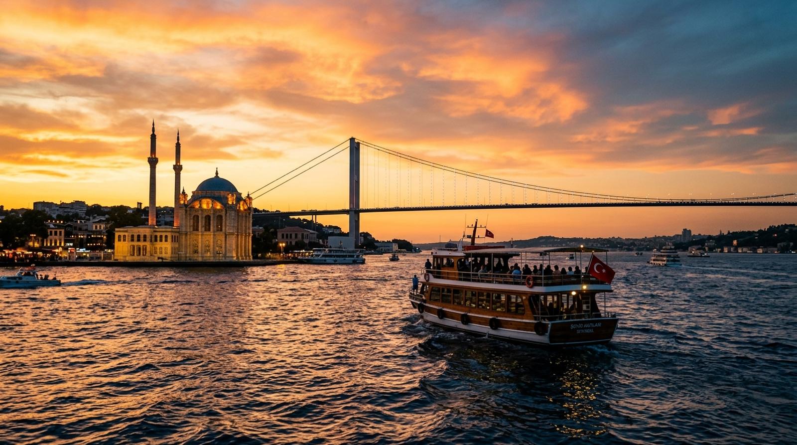 Bosphorus sunset cruise boat sailing toward the illuminated Bosphorus Bridge in Istanbul at golden hour