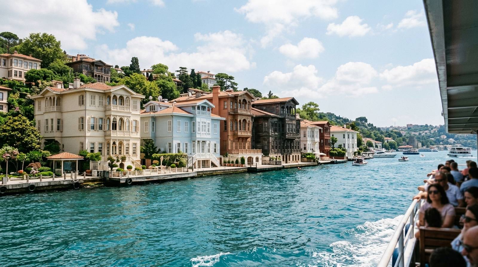 Historic wooden yalı mansions on the Bosphorus waterfront seen from a sightseeing cruise