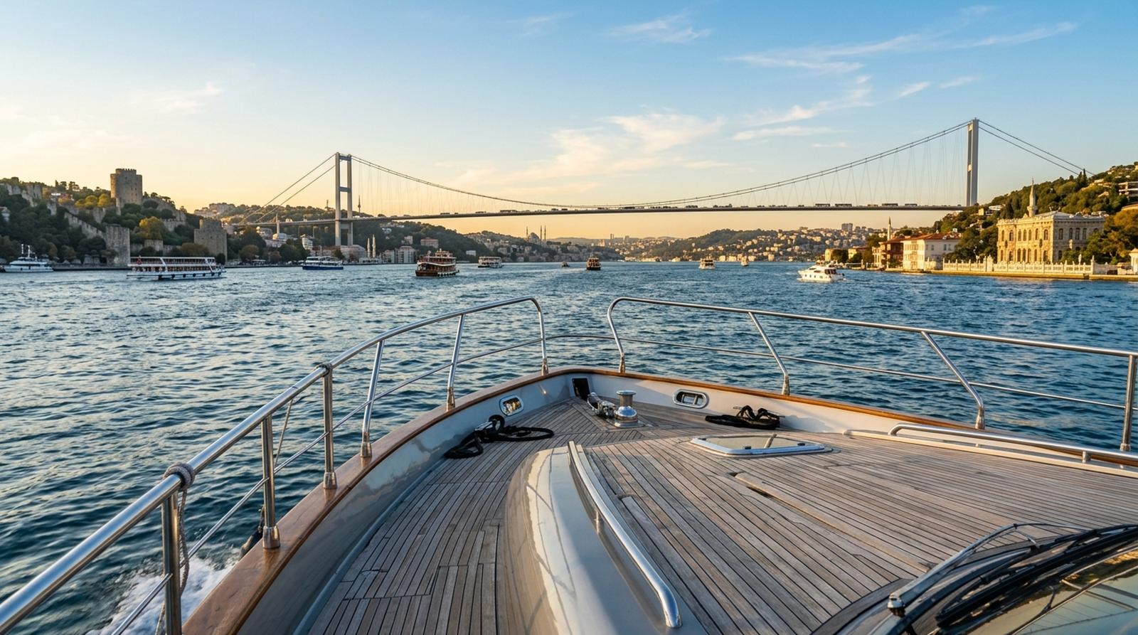 Bow of a private yacht cruising the Bosphorus with the strait and Istanbul shoreline ahead