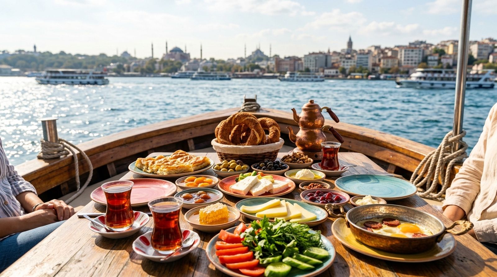 Turkish breakfast spread with tea, olives, cheeses and simit served on a cruise table over the Bosphorus